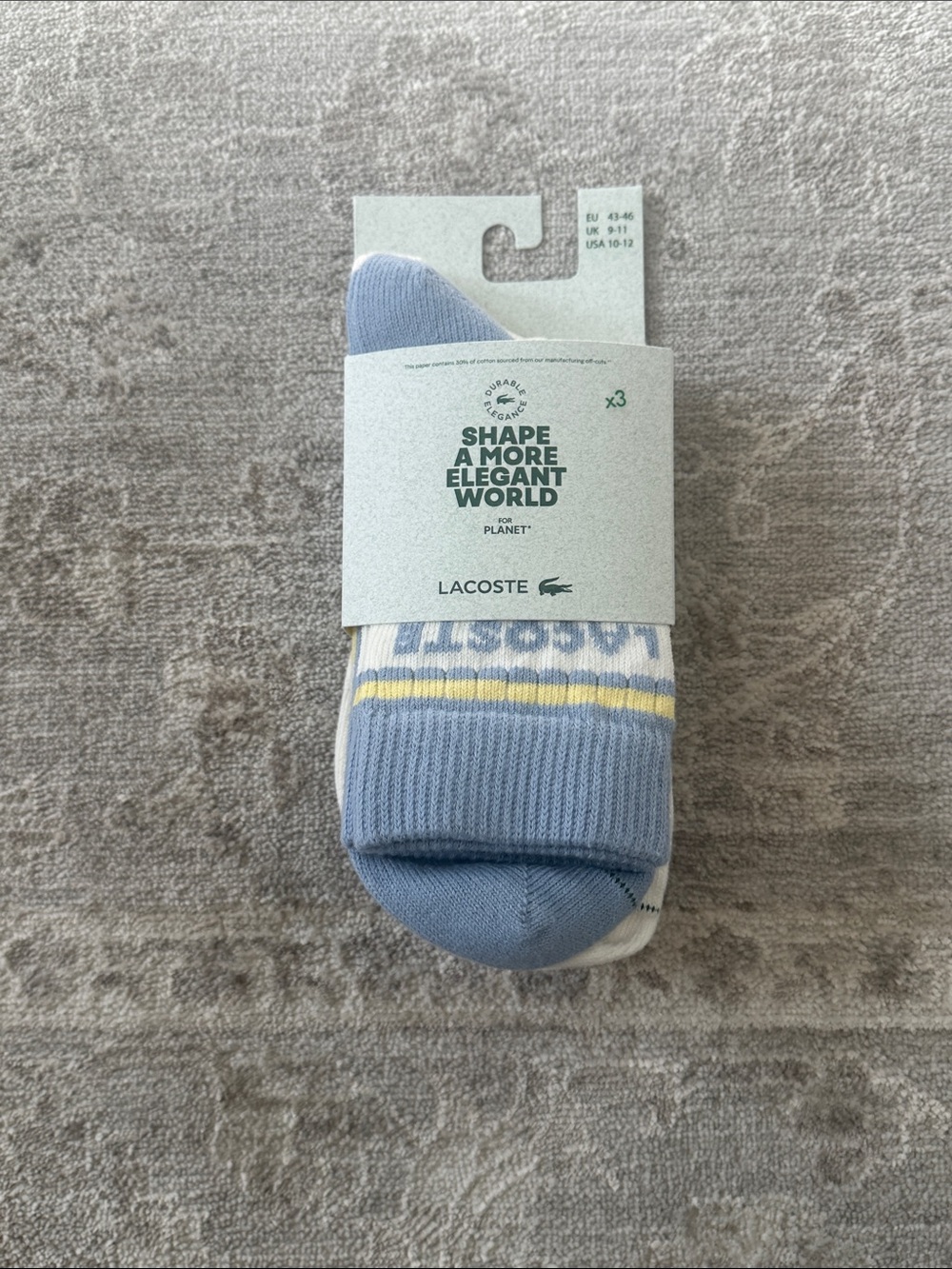Lacoste Light Blue Crew Socks with White and Yellow Stripes - 3 Pack. 10-12 NWTs